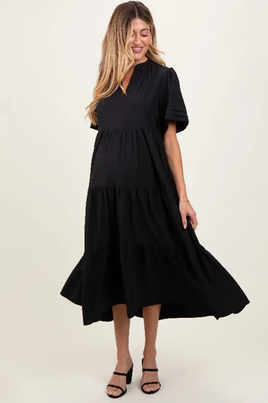 Maternity dress for a brunch with friends Black V-Neck Tiered Maternity Midi Dress