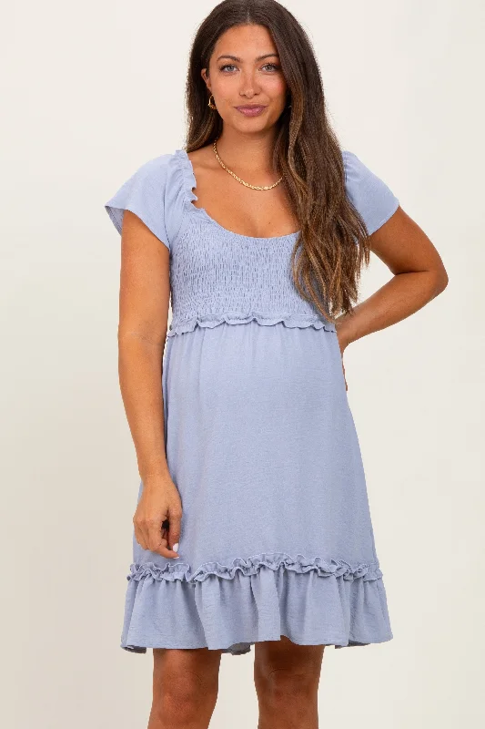 Maternity dress for a baby's first visit to the museum Blue Smocked Ruffle Detail Maternity Mini Dress