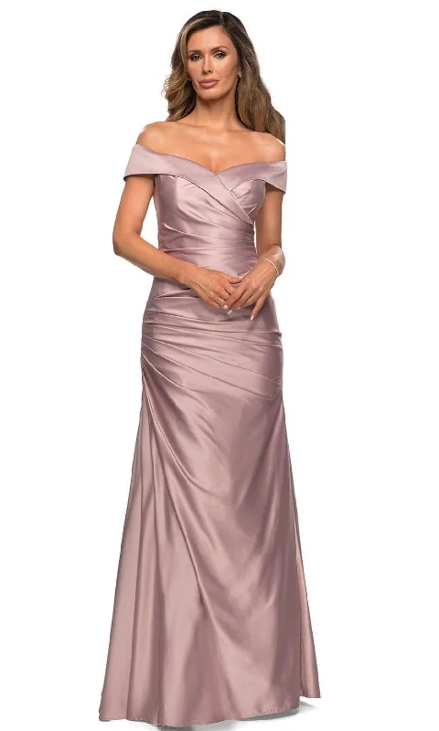 Sequined wedding dresses for a glamorous look Wedding guest dresses with button - down fronts and A - line silhouettes La Femme - 28103 Off Shoulder Pleated Satin Evening Gown Sequined wedding dresses for a glamorous look Wedding guest dresses with button - down fronts and A - line silhouettes La Femme - 28103 Off Shoulder Pleated Satin Evening Gown