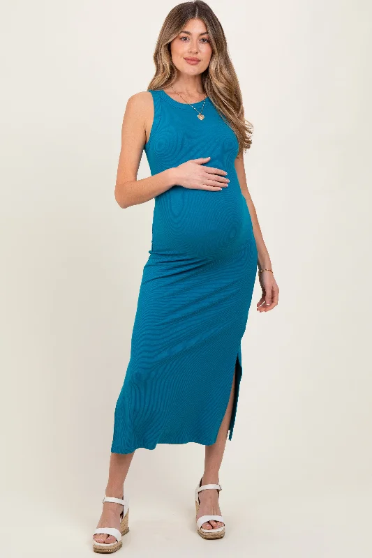 Maternity dress for a baby's first haircut Teal Ribbed Maternity Side Slit Tank Dress