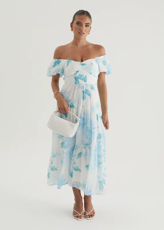 Midi dresses with V - necklines for a flattering and elongating effect Genoa Midi Dress - Blue Floral