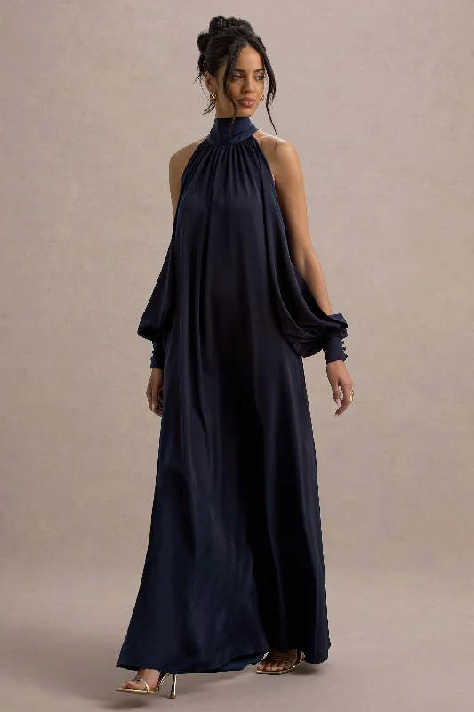 Off - the - shoulder wedding dresses with ruffled sleeves Strapless wedding guest dresses with rhinestone - studded bodices Baila | Navy Satin High-Neck Cape-Sleeve Maxi Dress Off - the - shoulder wedding dresses with ruffled sleeves Strapless wedding guest dresses with rhinestone - studded bodices Baila | Navy Satin High-Neck Cape-Sleeve Maxi Dress