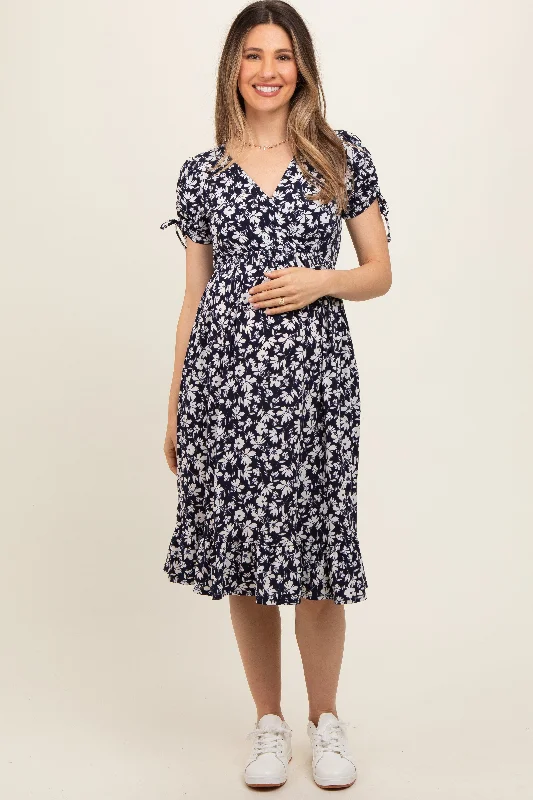 Maternity dress with pockets for convenience Navy Blue Floral Wrap Maternity Midi Dress