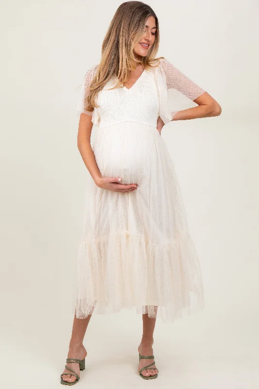 Maternity dress for a baby's first visit to the theater Beige Dotted Tulle Smocked Maternity Midi Dress