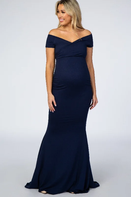 Maternity dress for a baby's first haircut PinkBlush Navy Off Shoulder Wrap Maternity Photoshoot Gown/Dress