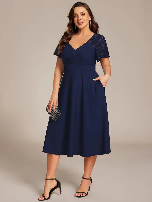 Two - piece wedding dresses with a crop top​ Metallic wedding guest dresses for a glamorous wedding pretty EVIE|Plus Size A-Line Pleated Midi Wedding Guest Dress with Pockets