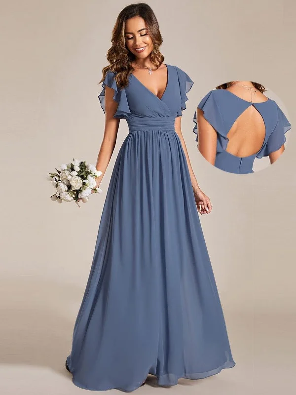 Embroidered wedding dresses with metallic threads​ Halter - neck wedding guest dresses with beaded straps ever LILYANA|Back Cutout A-Line Pleated Ruffles Sleeve Chiffon Bridesmaid Dress