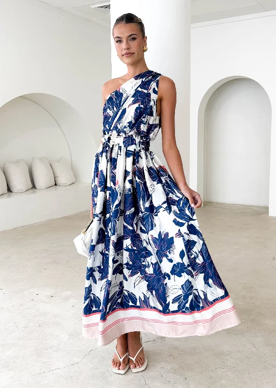 Midi dresses with ruffled sleeves for a more feminine and voluminous look Korah One Shoulder Midi Dress - Sapphire Floral