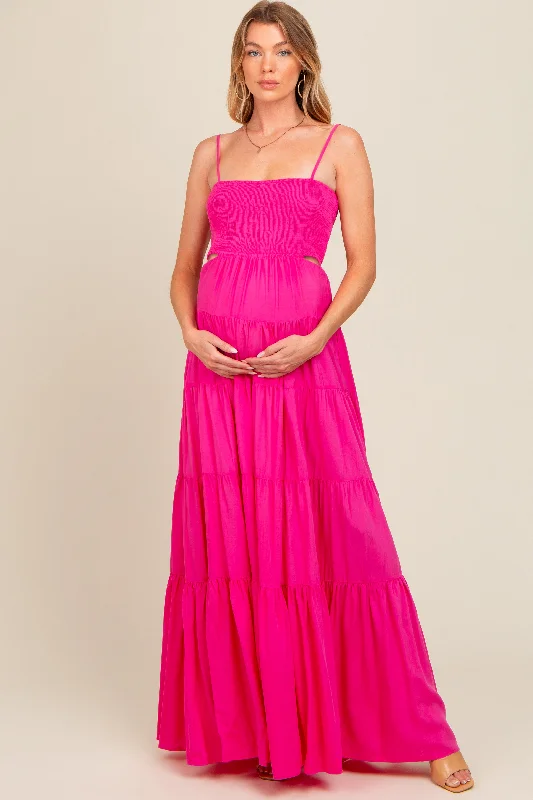 Maternity dress for a baby's first visit to the wildlife sanctuary Pink Smocked Cutout Maternity Maxi Dress