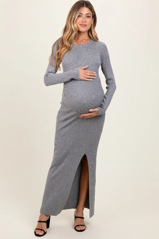 Maternity dress for a brunch with friends Heather Grey Ribbed Knit Long Sleeve Side Slit Maternity Maxi Dress