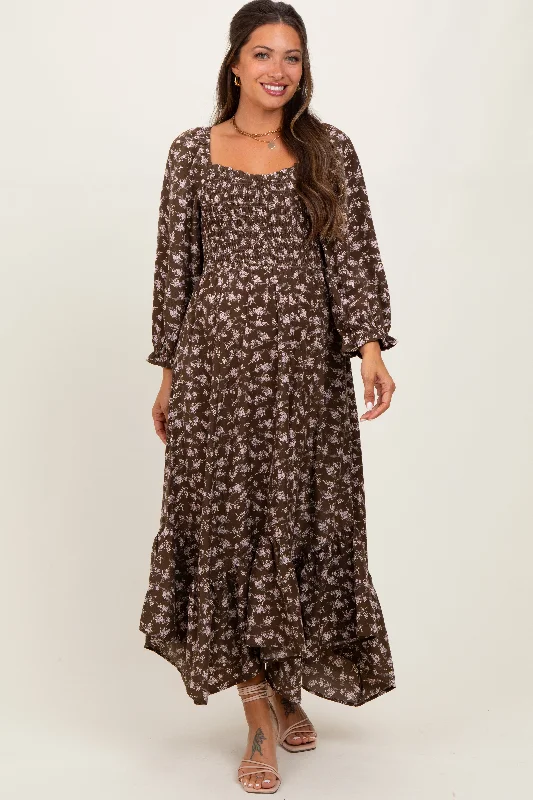 A - line maternity dress for a flattering fit Brown Floral Smocked Handkerchief Hem Maternity Maxi Dress