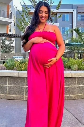 Maternity dress for a bridal shower as a hostess Fuchsia Smocked Drawstring Halter Side Cutout Maternity Jumpsuit
