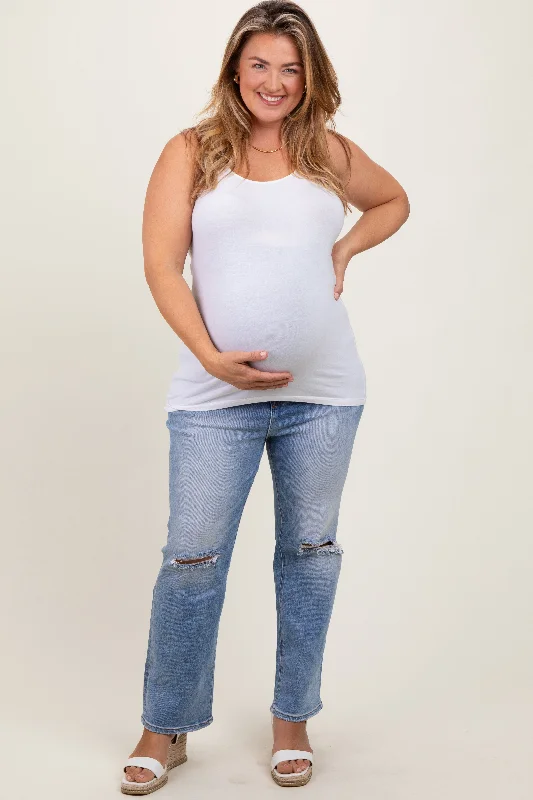 Maternity dress for a baby's first visit to the planetarium Blue Open Knee Distressed Straight Leg Maternity Plus Jeans