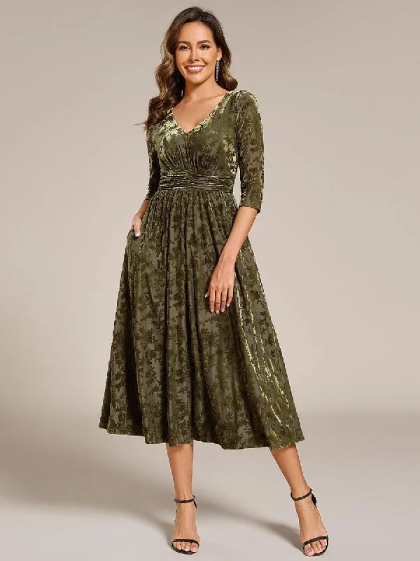 Boho - inspired wedding dresses with floral embroidery​ Wedding guest dresses with empire waists and tulle skirts ever NYRA|Floral Velvet 3/4 Sleeve V-Neck Pleated Wedding Guest Dress
