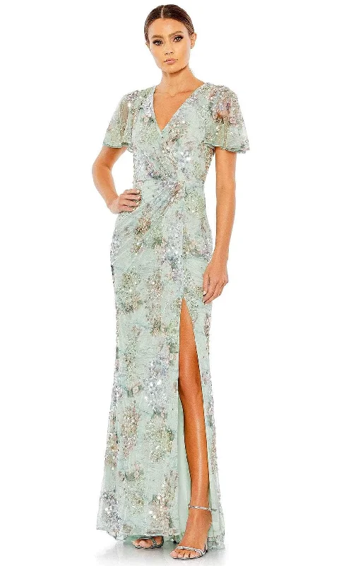 Short - length wedding dresses with a flirty skirt Sleeveless wedding guest dresses with ruffled hems Mac Duggal 93749 - Floral Print V-Neck Evening Gown Short - length wedding dresses with a flirty skirt Sleeveless wedding guest dresses with ruffled hems Mac Duggal 93749 - Floral Print V-Neck Evening Gown