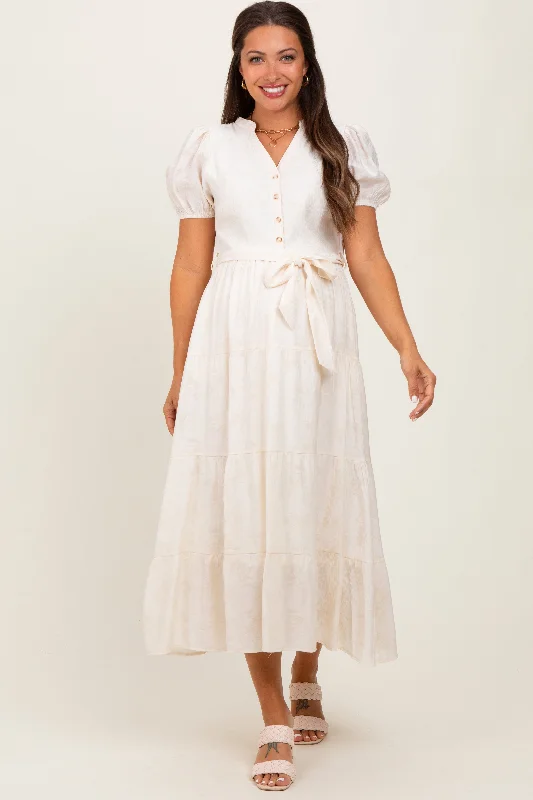Maternity dress for a gender reveal party Cream Split Neckline Tiered Maternity Midi Dress