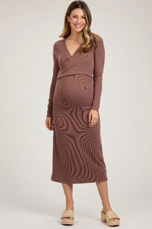 Maternity dress for a fall harvest festival Brown Ribbed Long Sleeve Maternity Wrap Nursing Dress