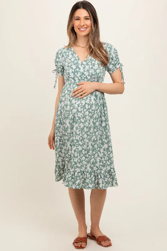 Maternity dress for a baby's first visit to the water garden Light Olive Floral Wrap Maternity Midi Dress