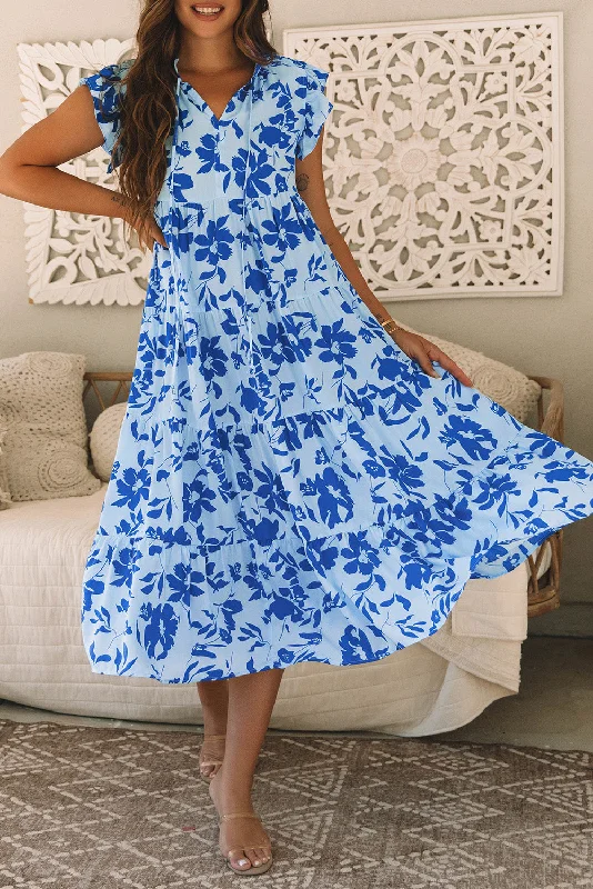 Midi dresses with sheer panels for a touch of allure Floral Flutter Sleeve Midi Dress