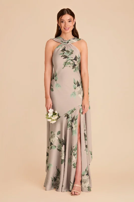 Maternity dress for a baby's first visit to the indoor garden Eileen Matte Satin Dress - Latte Camellia Blooms