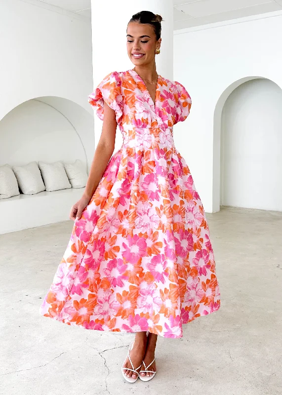 Midi dresses with V - necklines for a flattering and elongating effect Baske Midi Dress - Sunset Floral