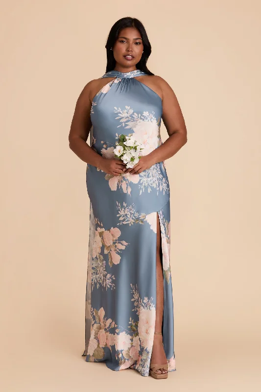 V neck maternity bodycon dress for photoshoot Eileen Matte Satin Dress - Dusty Blue Romantic Bouquet V neck maternity bodycon dress for photoshoot Eileen Matte Satin Dress - Dusty Blue Romantic Bouquet