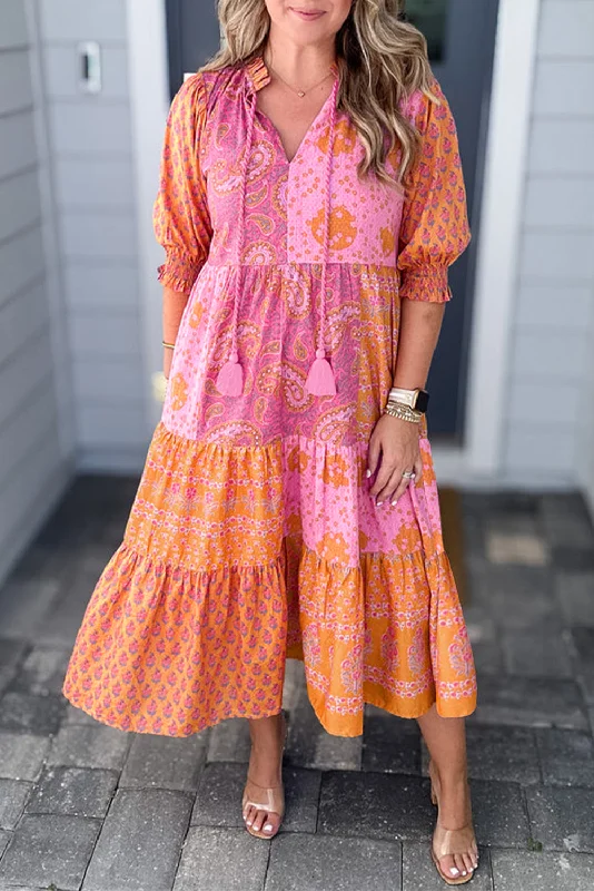 Midi dresses with animal prints for a bold and confident appearance Plus Size Boho Floral Patchwork Midi Dress