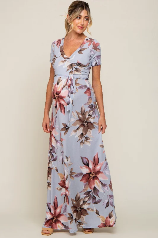 Maternity dress for a baby's first visit to the theater Light Blue Floral Maternity Wrap Dress