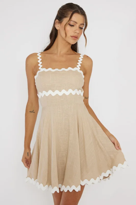 Mini dresses with cold - shoulder designs Won Me Over Ric Rac Trim Mini Dress Beige
