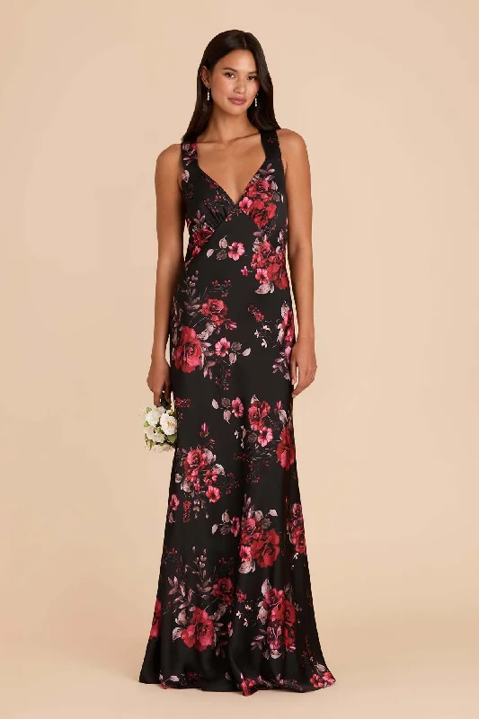 Maternity dress for a baby's first visit to the Japanese garden Veronica Matte Satin Dress - Black Fleurs D'Amour
