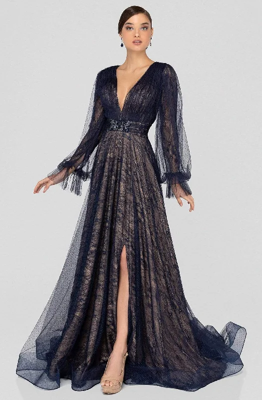 Backless wedding dresses with lace - up details​ Wedding guest dresses with tiered skirts for a feminine look Terani Couture - 1913M9414 Lace Plunging V-neck A-line Dress