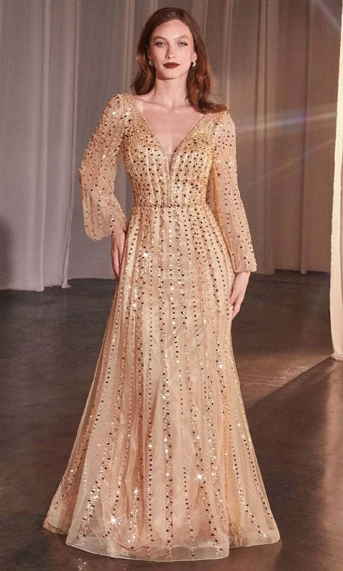 Halter - neck wedding dresses with a unique neckline​ Bow - backed wedding guest dresses in silk for a luxurious feel Ladivine CD0240 - Sheer Bishop Sleeve Evening Gown