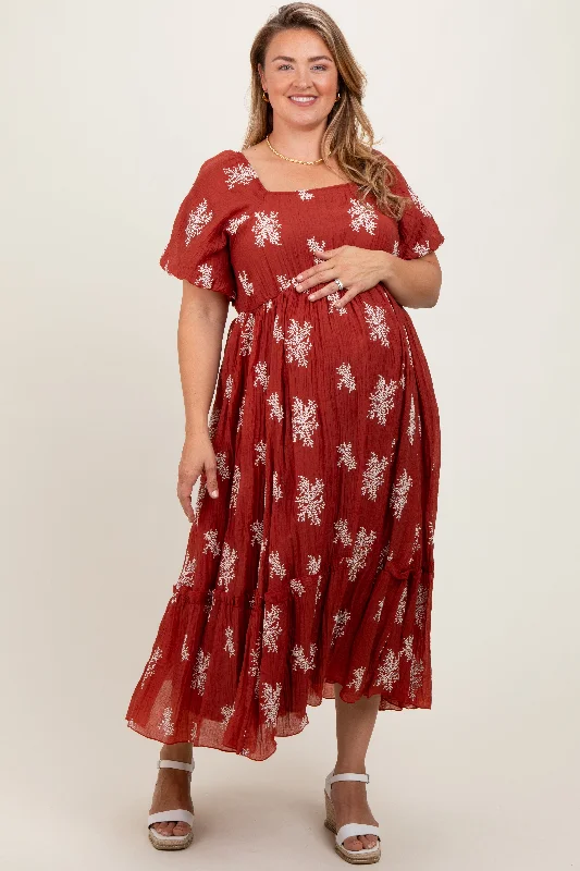 Maternity dress for a baby's first visit to the amusement park Rust Floral Print Ruffle Hem Maternity Plus Midi Dress