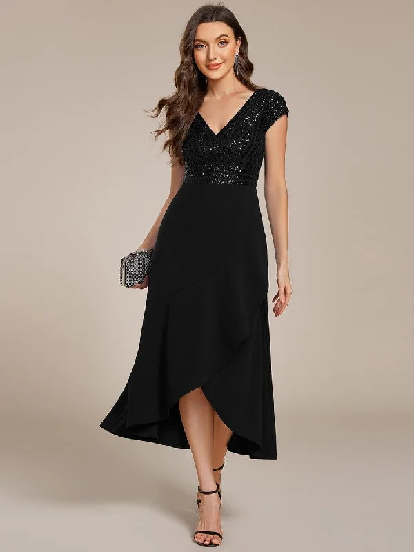 Wedding dresses with a dropped waist for a retro style​ Animal - print wedding guest dresses in subtle colors for a bold statement ever BAYLOR|Short Sleeve V-Neck Midi Sequin Formal Dress with Chiffon