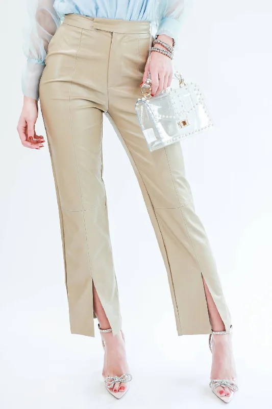 Women's Leather - Look Tight Trousers with Zipper Details in Dark Gray for an Urban StyleCaroline Faux Leather Pants In Beige