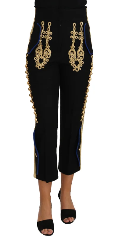 Women's Tight Trousers with Elastic Waistband in Black for Easy and Comfortable WearDolce & Gabbana Elegant  Military Embellished Women's Pants
