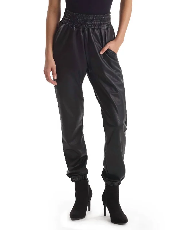 Plus Size Women's Snake - Print Tight Trousers in Brown and Black for a Bold Fashion StatementFaux Leather Smocked Jogger In Black
