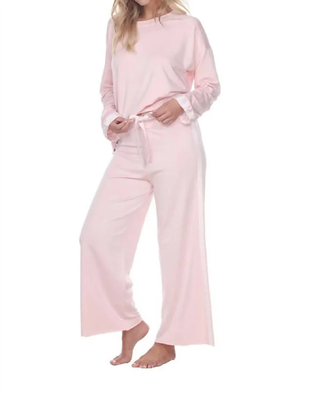 Women's Tight Trousers with Drawstring Waist in Khaki for a Relaxed and Adjustable FitKimber Crop French Terry Wide Leg Crop Pant With Satin Stripes In Blush
