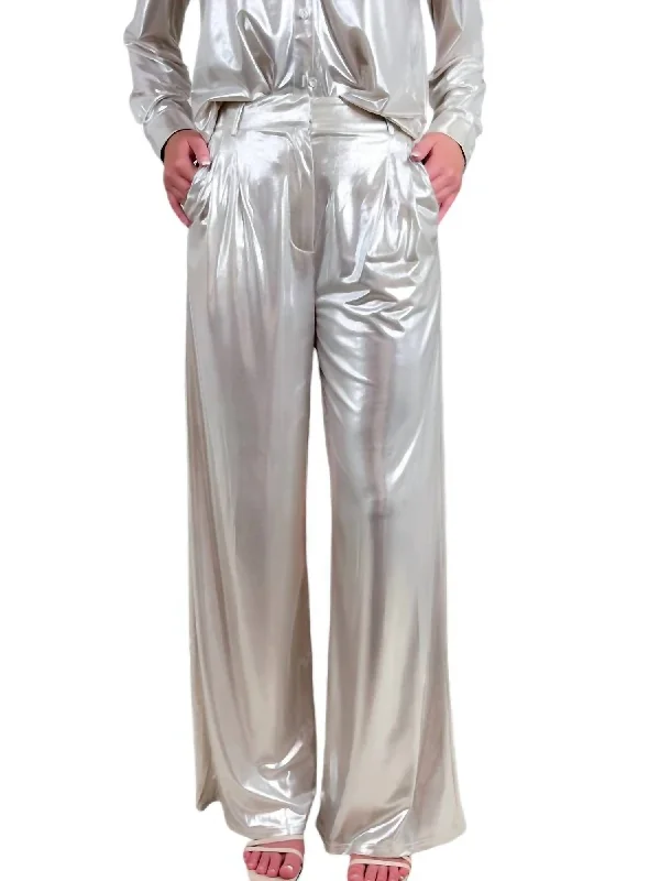 Plus Size Women's Sheer Tight Trousers in Nude for a Subtle and Stylish StatementMetallic Wide Leg Pants In Champagne