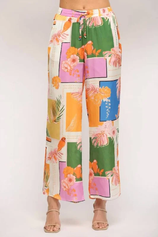 Women's Tight Trousers with Mesh Panels in Black for a Sexy and Modern AppearanceTropical Print Wide Leg Pant In Orange Multi