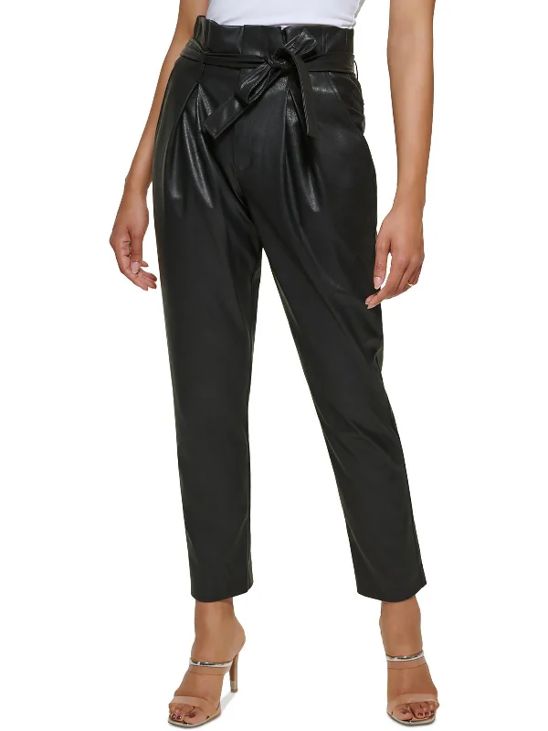 Women's Fleece - Lined Tight Trousers in Dark Blue for Warmth in Cold WeatherWomens Faux-Leather High-Rise Ankle Pants
