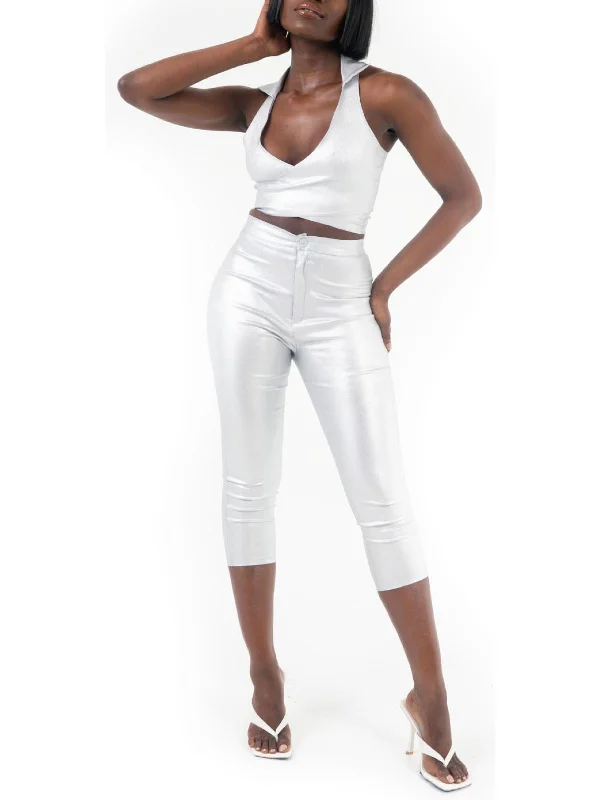 Women's Tight Trousers with Mesh Panels in Black for a Sexy and Modern AppearanceWomens Shimmer High Rise Capri Pants