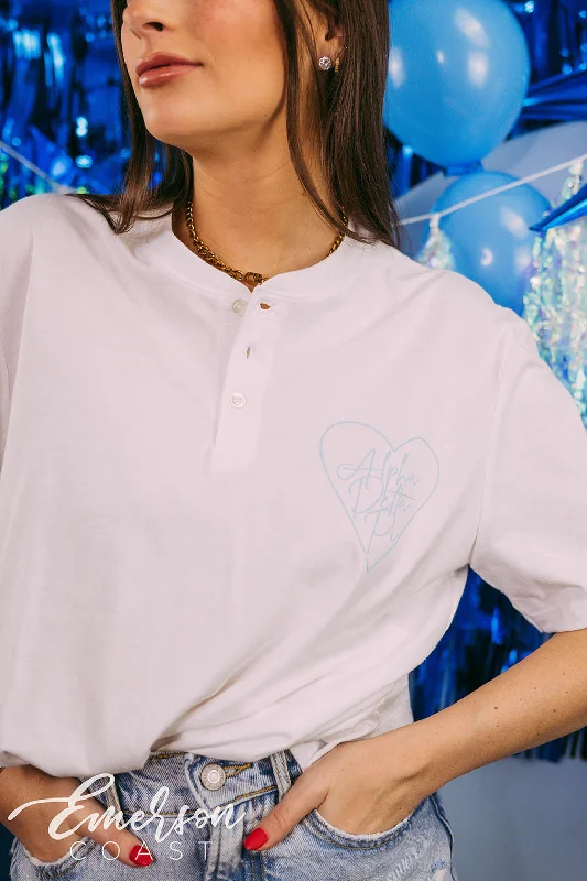 Organic Cotton Women T Shirt for Eco - Conscious WearersOrganic Cotton Women T Shirt for Eco - Conscious WearersAlpha Delta Pi PR Dainty Heart Henley Tee