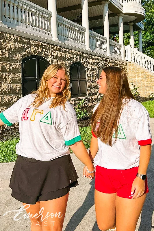 Pocketed Women T Shirt for Added FunctionalityPocketed Women T Shirt for Added FunctionalityAlpha Gamma Delta Stitched Letter Ringer Tee