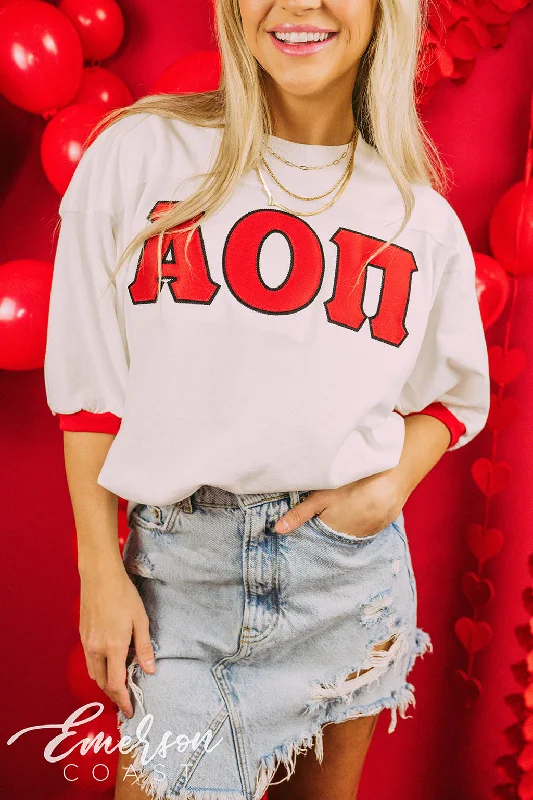 Pocketed Women T Shirt for Added FunctionalityPocketed Women T Shirt for Added FunctionalityAlpha Omicron Pi Bid Day Stitched Letter Jersey