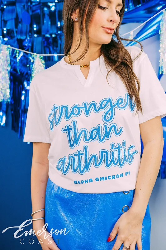 Long Sleeve Women T Shirt for Cooler WeatherLong Sleeve Women T Shirt for Cooler WeatherAlpha Omicron Pi Philanthropy Stronger Than Arthritis Script Notch Tee
