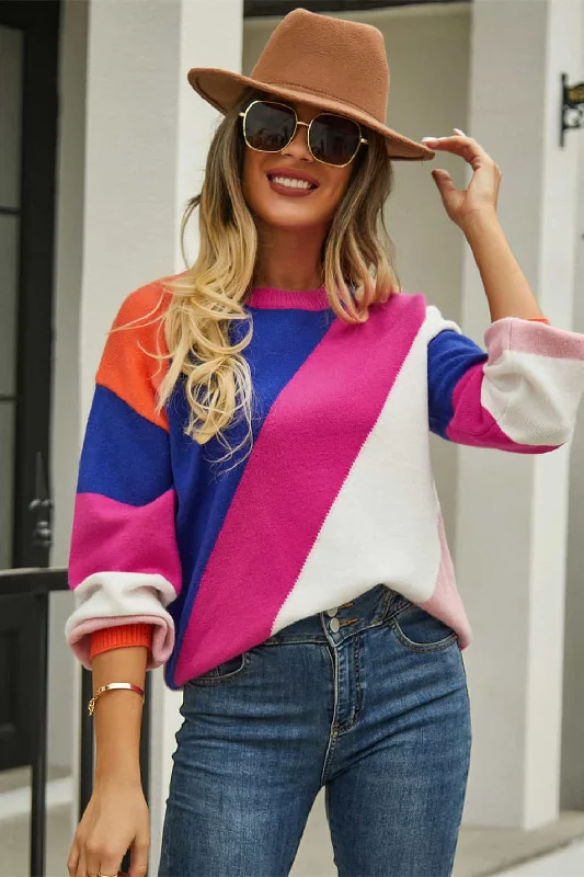 Mock - Neck Women Sweater for a Modern TwistAngel Wings Color Block Round Neck Long Sleeve Sweater