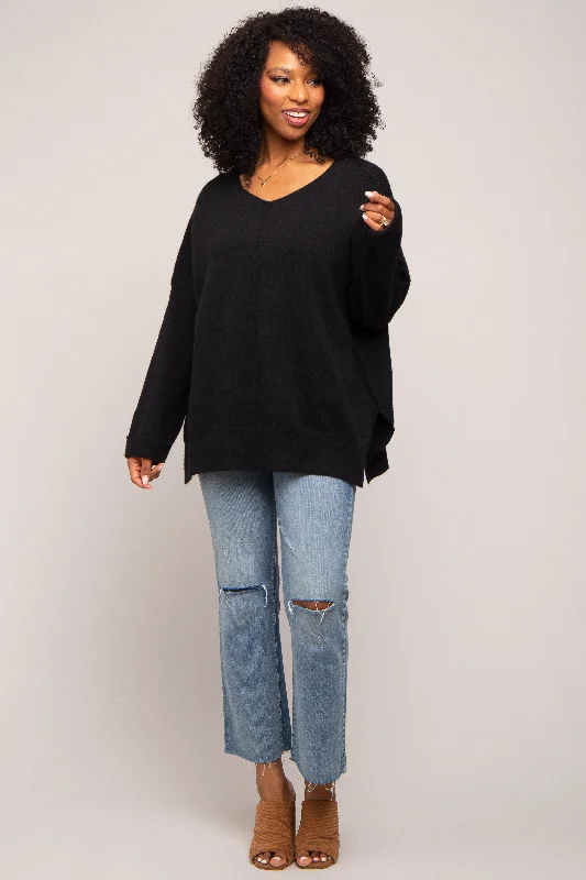 V - Neck Women Sweater to Elongate the NecklineBlack Dolman Sleeve Side Slit Sweater