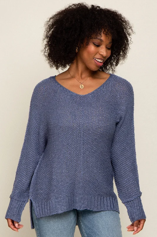 Button - Down Women Sweater for a Versatile LookBlue Chunky Knit Side Slit Sweater