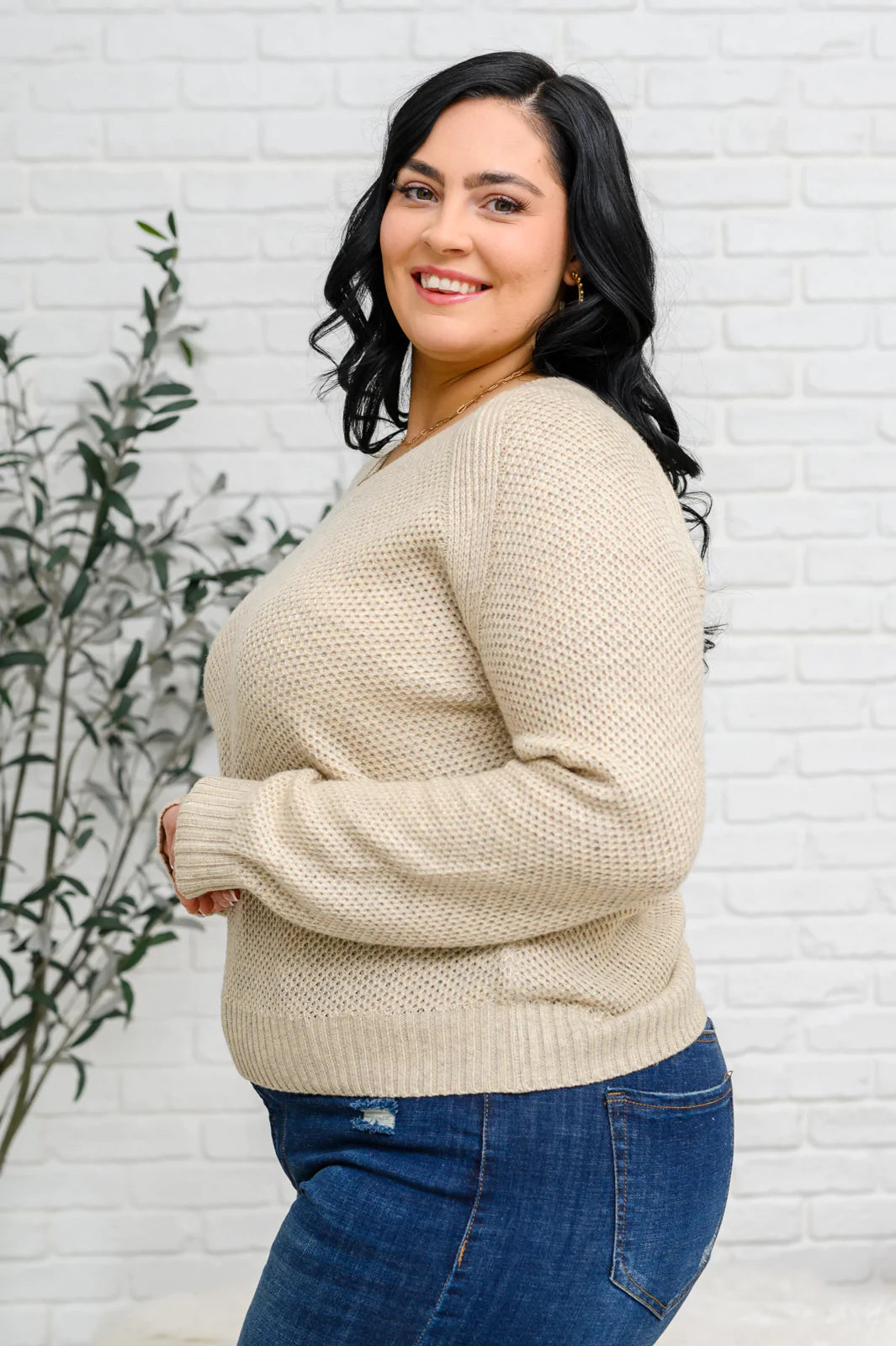 Cropped Women Sweater to Pair with High - Waisted BottomsChai Latte V-Neck Sweater in Oatmeal